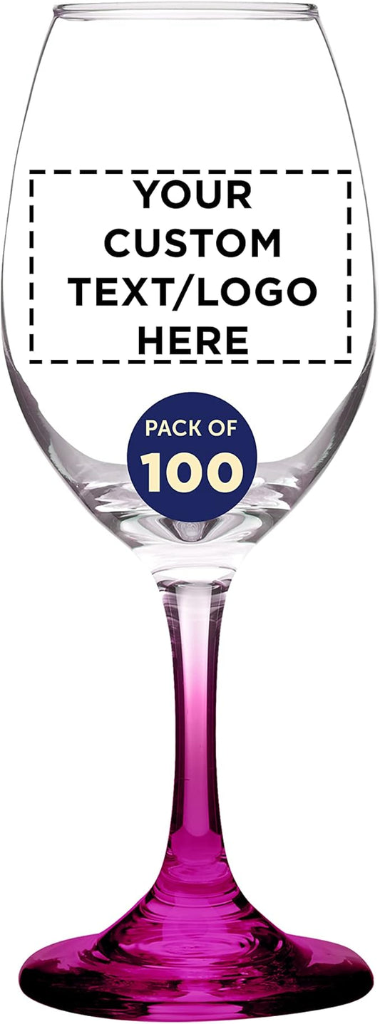 Custom Rioja Wine Glasses with Stem 10 oz. Set of 100, Personalized Bulk Pack - Color Bottom, Perfect for Wedding, Party Favors, Birthday, Bridal Shower Gifts - Pink
