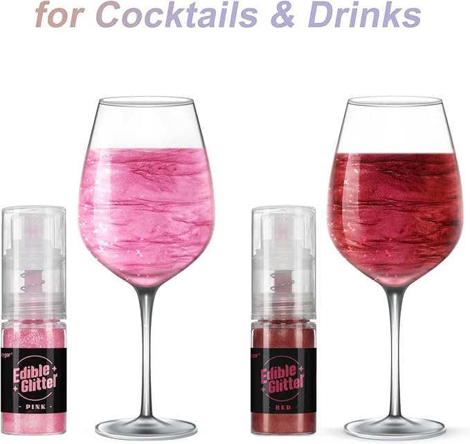 Sujoygar Edible Glitter Spray 2 Colors, Pink and Red Edible Glitter for Cocktails, Shimmer Powder Luster Dust Edible for Cake Drink Strawberrie Cupcake Cookies Haloween Baking Decoretion, Vegan(5g/Bottle)