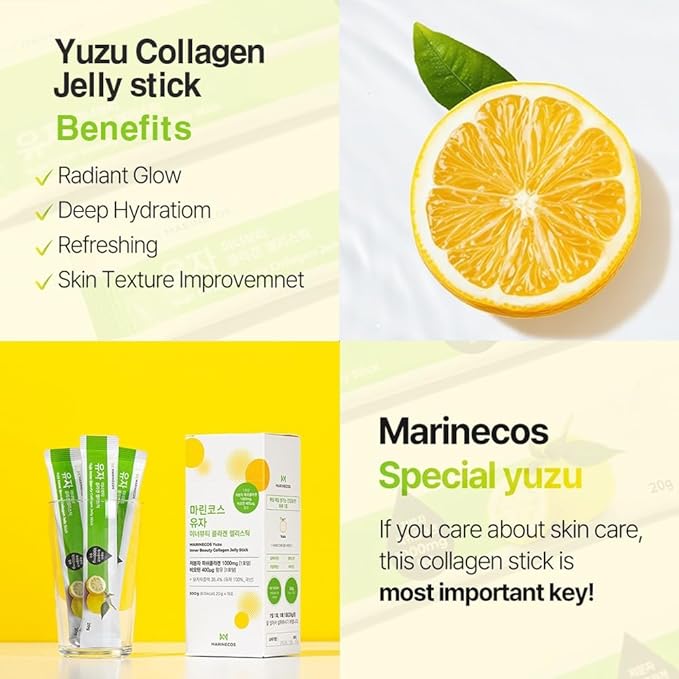 Yuzu Collagen Jelly Stick ??Korean Citrus Beauty Supplement ??Marine Collagen Peptide 3000mg ??Skin Vitality & Hydration ??No Sugar Added ??Portable Stick Type
