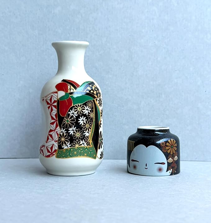 Japanese Traditional Kokeshi Design Sake Wine Soju Ceramic Set with 1 Ochoko Cup and 1 Tokkuri Bottle Gifts (Kokeshi Kiku Maiko)