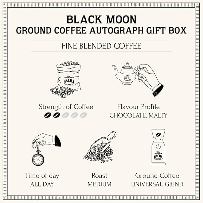 Bacha Coffee | Black Moon Fine Blended Coffee, Autograph Collection, 100% Arabica Specialty Coffee, Ground Beans, Medium Roast, 250g