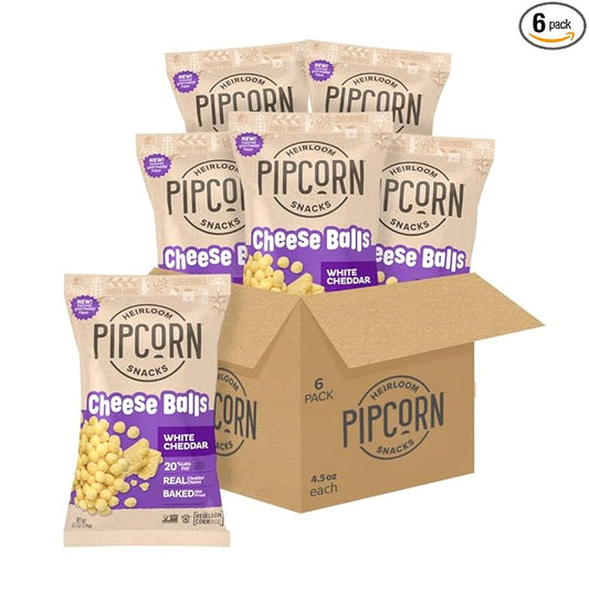 Heirloom White Cheddar Cheese Balls by Pipcorn - 4.5oz 6pk - Healthy Snacks, Gluten Free, Heirloom Corn, Baked not Fried