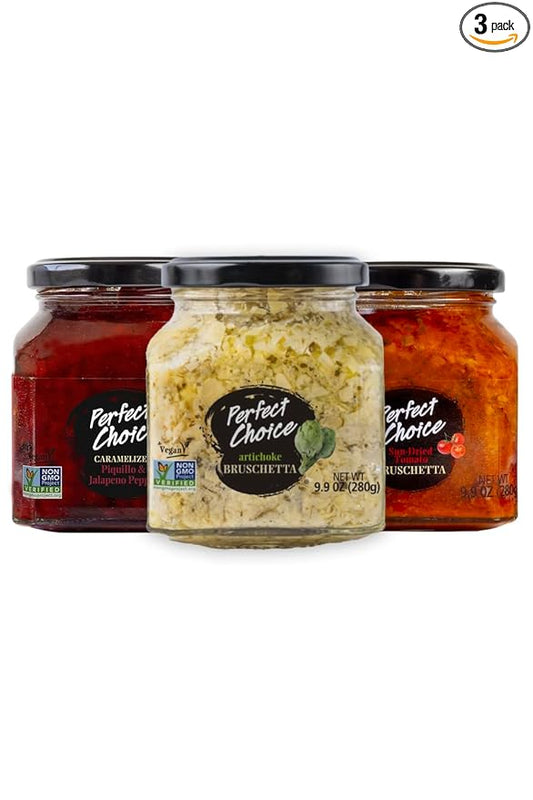 Perfect Choice Variety Pack - Delicious Artichoke Bruschetta, Sun-Dried Tomato Bruschetta & Caramelized Piquillo and Jalapeno peppers - Ready-to-eat - Ideal for Burgers And Sandwiches - Pack of 3