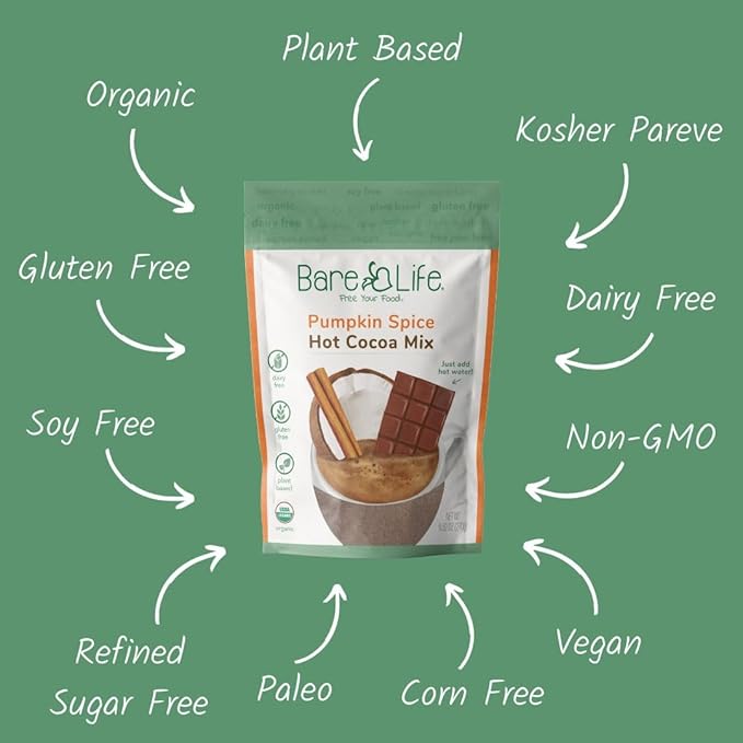 Bare Life: Instant Dairy Free Pumpkin Spice Hot Cocoa Mix - 10 Serving Pouch | Gluten Free, Vegan, Organic, Plant Based, Paleo, Soy Free, Corn Free, Lactose Free, Refined Sugar Free, Hot Chocolate, 9.52 oz.