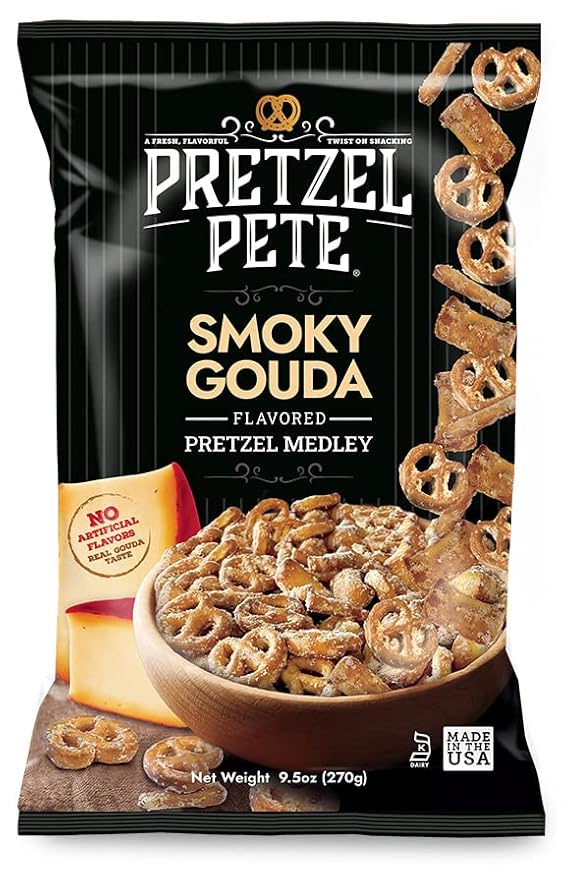 Pretzel Pete Smoky Gouda Pretzel Medley Seasoned Pretzel Medley, Nut-Free and Sesame-Free Snack, Small Batch, Bold Flavor (9.5oz, Pack of 3)