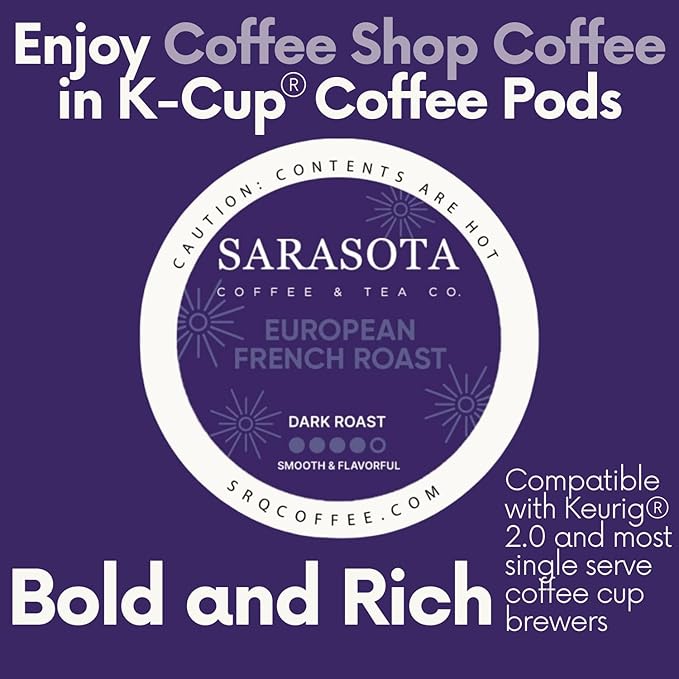 Sarasota K-Cup Coffee Pods | Dark Roast Coffee | European French Roast Cubano | Single Serve for Keurig Brewers | Gourmet, Low Acid, Mold Free | 24 Count