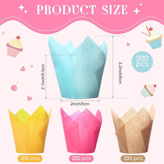 800 Pcs Tulip Cupcake Liners Baking Cups Muffin Baking Cupcake Liners Wrappers Greaseproof Tulip Cups Holders for Party Wedding Birthday Baby Showers(Solid,Vivid Style)