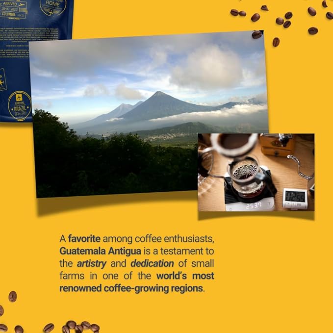 Passport Coffee Guatemala Antigua ??Medium roast Arabica from the Antigua Region. Flavor notes of cocoa, caramel, citrus. Premium whole bean coffee, 12oz Bag