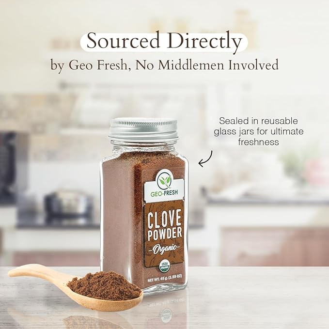Geo-Fresh Organic Clove Powder ??1.59 oz Glass Jar ??Ground Cloves ??USDA Certified, Non-GMO, Kosher, Gluten-Free ??Premium Organic Cloves Powder for Cooking & Baking