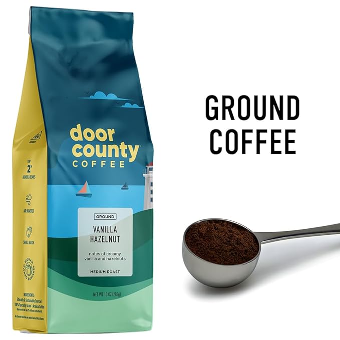 Door County Coffee Vanilla Hazelnut Flavored Ground - 10 oz Bag - Flavored Ground Medium Roast - 100% Specialty Arabica - Flavored Gourmet - Vanilla Hazelnut Flavor