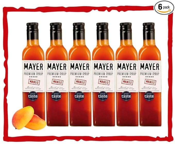 Mayer Premium Artisan Mango Syrups ??Award-Winning, Only Real Mangoes and 3 Natural Ingredients, Vegan, Gluten Free, Dairy Free, Versatile for Beverages & Desserts ??No Artificial Additives, Rich Authentic Flavor ( 16.9 Fl oz. / 500 ml, 6 Pack Mango )