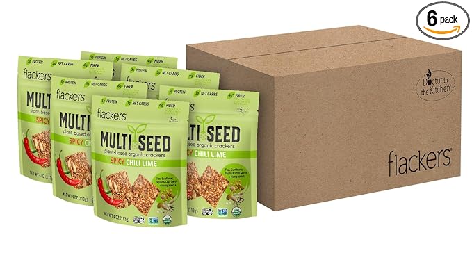 Flackers Organic Spicy Chili Lime Multi-Seed Crackers, 4 Ounce 6-Pack, Gluten Free, Non GMO, Vegan, Keto Snack, 5g Protein, 6g Fiber, 3g Net Carbs