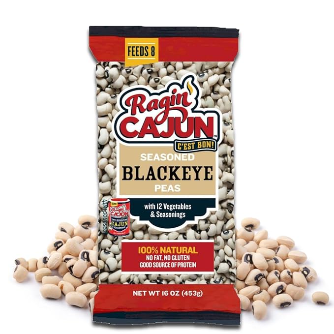 Ragin' Cajun Seasoned Blackeye Beans - 16 oz Pack, Fat-Free, Gluten-Free, Reduced Sodium - Authentic Louisiana Creole Dish with Seasoning