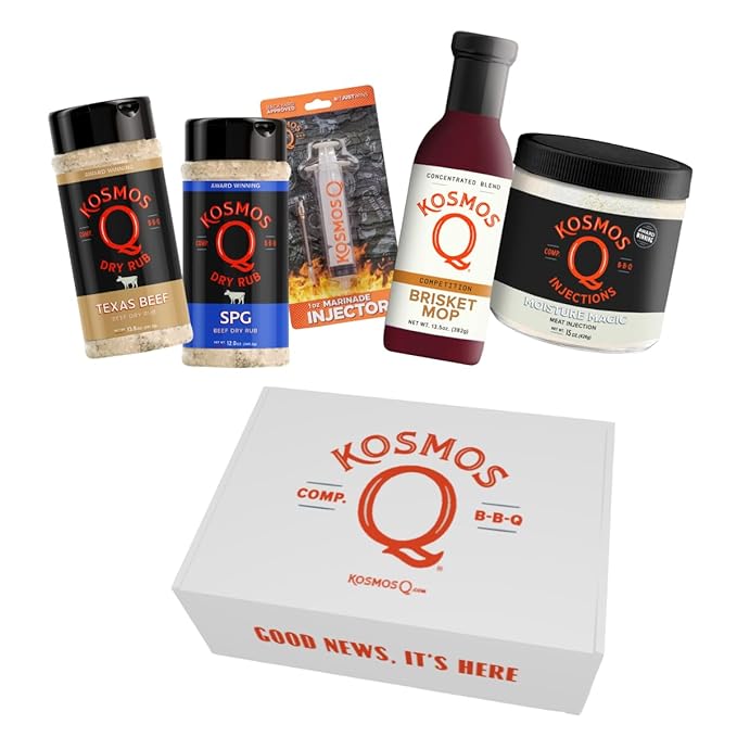 Kosmos Q Pitmaster BBQ Brisket- 5 pc Set - Texas Beef Rub, SPG Rub, Brisket Mop, Moisture Magic, 1oz Injector