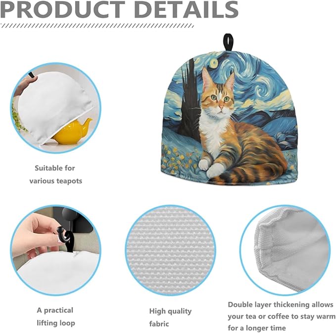 Large Tea Cozy for Teapot Starry Night Cat Print Extra Thick Tea Pot Cover Home Kitchen Decoration Insulated Teapot Cozy Dust Kitchen Accessories for Home Daily