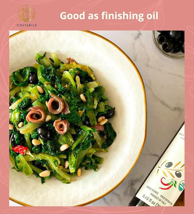 Chilli oil. Spicy Extra Virgin Olive Oil from Puglia, Italy, Infused with Organic Hot Red Peppers. Perfect as Spicy Vegan Chili Dressing - COSTABILE 16.9 Fl. Oz.