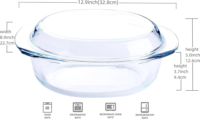 Oval Tempered Glass Casserole Dish, Tough Glass Casserole Baking Dish with Glass Cover. Oven, Freezer and Dishwasher Safe.- 3.5 Liter