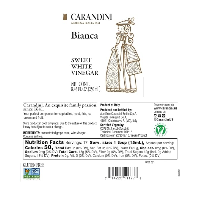Carandini Bianca Sweet White Vinegar, Gluten-Free, Gourmet Italian White Condiment Made in Italy - 8.45 fl oz (Pack of 2)