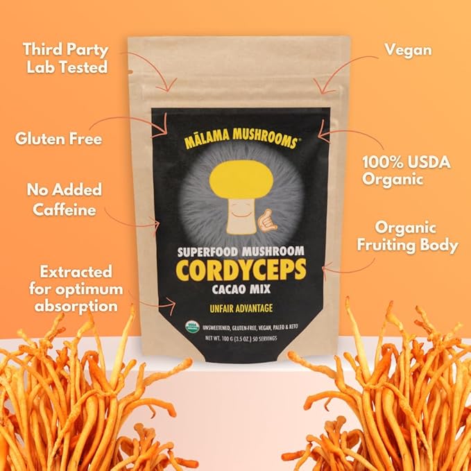 Malama Organic Mushroom Hot Cacao Mix, Cordyceps Mushroom Powder with Fair Trade Cacao, Supports Energy & Immune Health ??Vegan Supplement & Superfood, Non GMO, 3.5 oz (50 Servings)