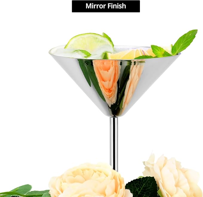 QWORK 304 Stainless Steel Martini Glasses - 8oz Unbreakable, 6 Pack Shatterproof Cocktail Goblets - 18/8 Mirror Finish - Ideal for Whiskey, Margarita, Manhattan & More - Dishwasher Safe