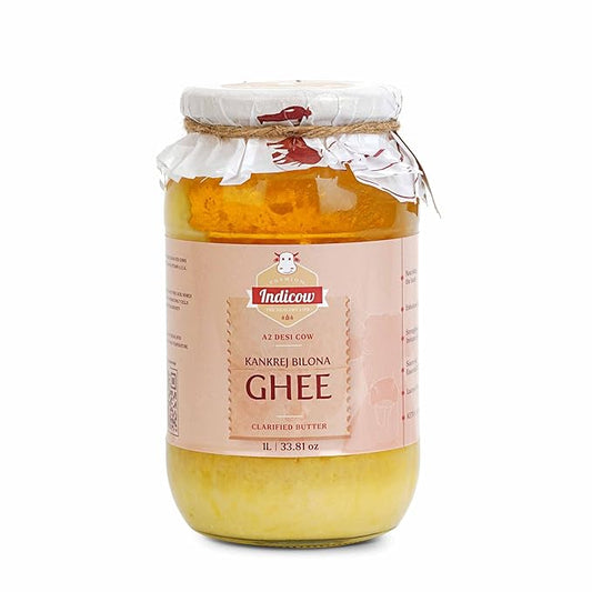 Indicow A2 Desi Kankrej Cow Ghee | Clarified Butter | Grass Fed, Pasture Raised Clarified Butter Fat, Keto, Paleo, Lactose Free, Casein Free, Non-GMO | a2 ghee grass fed(1000ML(33.8oz), A2 Cow Ghee) | Price Revision soon
