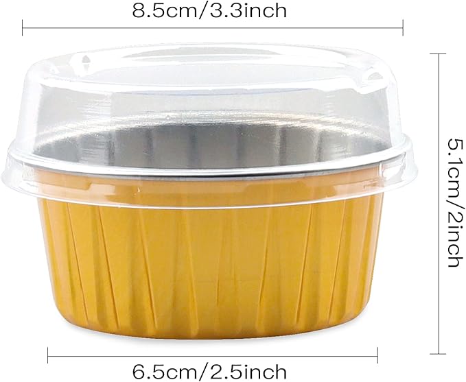 50 Pack Baking Cups with Lids, 5oz Aluminum Foil Cupcake Cups Muffin Liners, Disposable Foil Ramekins, Cupcake Holders Dessert Containers Mini Pudding Cups for Birthday, Christmas (Gold)