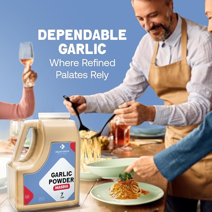 Dependable Food Garlic Powder -7 LB.- Restuarant Bulk Size Jar, Kosher, Versatile, Dehydrated, Non-GMO Seasoning for Vegetables, Meat Rubs & More - Allergen-Free, 100% Natural Granulated Garlic