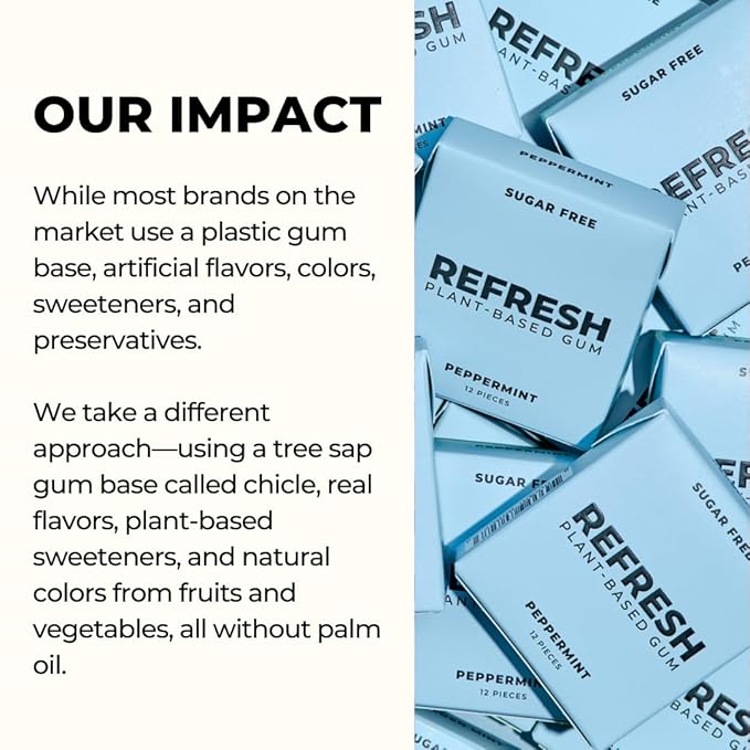 Refresh Gum, Xylitol, Natural, Sugar Free, Long Lasting, Plastic Free, Natural Flavors & Organic Ingredients, Plant-Based, Low Calorie, Non GMO, Gluten Free, Vegan, Peppermint, 12 Pcs, 12 Pck