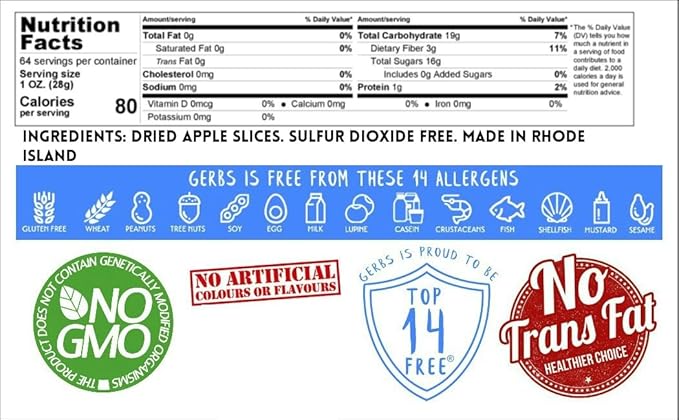 Gerbs Dried New England Apple Slices – 4 LBS. - No Sugar Added, Unsulfured & Preservative Free - Top 14 Allergy Free & Non GMO - Grown in USA