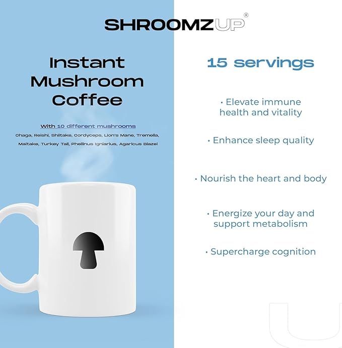 Mushroom Coffee Instant with 10 Mushrooms - 15 Single Packets with Reishi, Lion's Mane, Chaga, Turkey Tail, Cordyceps Mushrooms - Nootropic Mushroom Coffee for Energy Vegan Shroom Coffee