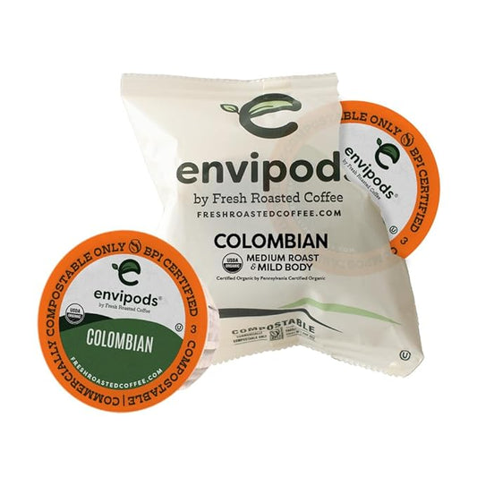 Fresh Roasted Coffee, Organic Colombian envipods | BPI Compostable, USDA Organic, Kosher | Med Roast 36 Count Indiv Wrapped for K Cup Brewers | Not for use in Ninja or Hamilton Beach Brewers