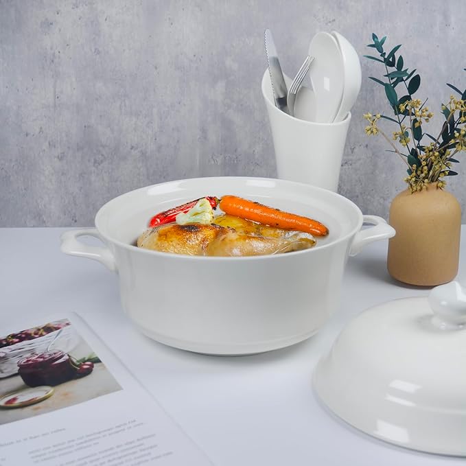 Casserole dish with Lid and soup spoon, Ceramic Serving Soup Tureen, 1.8 QT White French Serving Tureen, Lovely Soup Pot for Pasta Noodles Stew, Casserole Cookware Microwave Dishwasher Safe
