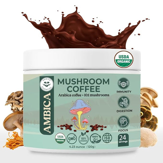 Ambica Organic Instant Mushroom Coffee Blend- Advanced Ten Mushrooms Coffee Mix for Brain Health, Weight Support, Immunity, Energy & Gut Health- Natural Coffee Alternative - 24 Servings - 4.23 Ounce