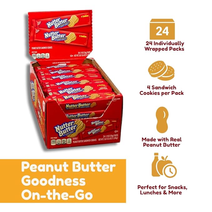 Nutter Butter Cookies ??Classic Peanut Butter Sandwich Cookies, 24 Pack ??Individual Packs for Snack Lovers, Crunchy Peanut Butter Flavor, Perfect for Sharing, Great for Lunchboxes