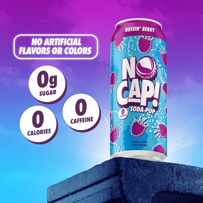 No Cap! Healthy Soda Pop Drinks, Zero Sugar, Zero Calorie, Natural Flavors, Caffeine Free, 16 Oz Cans, (12 Pack) Bussin' Berry