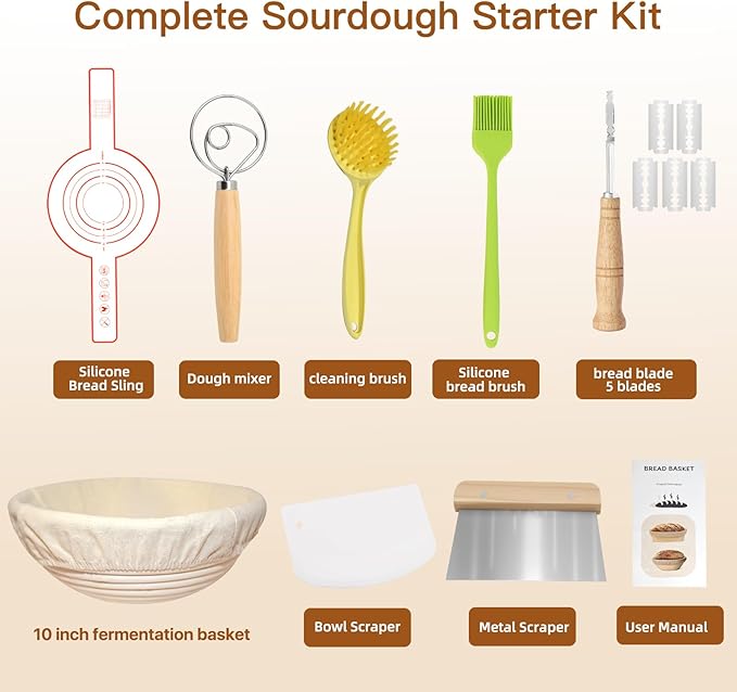 Banneton Bread Proofing Basket,Sourdough Bread Baking Supplies,Sourdough Starter Kit with 9" Round Banneton Basket,Perfect Banneton Basket Gift Set for Making Beautiful Bread