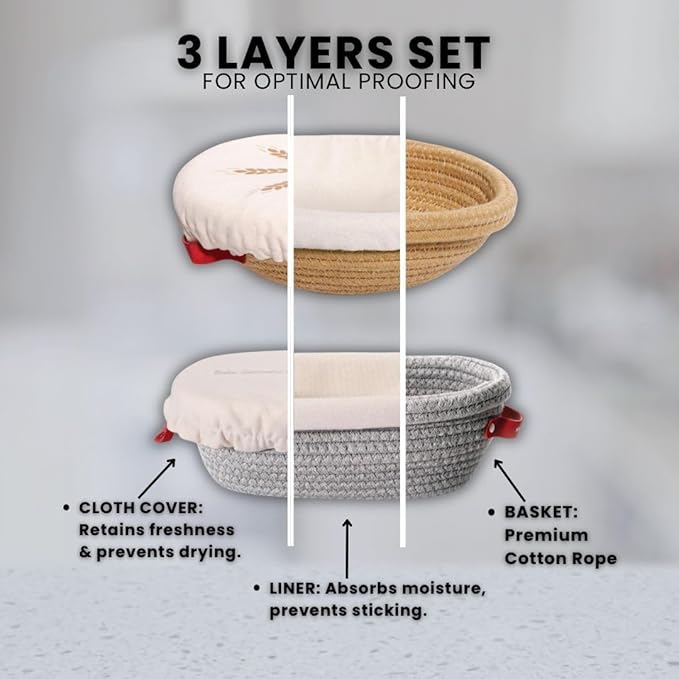 Bread Proofing Basket Set- Round 9 inch & Oval 10 inch Bannetons with Cotton Liners,Bread Lame +5 Blades Ideal for Artisan Sourdough Baking
