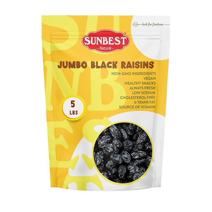 Sunbest Natural Jumbo Black Raisins ??5 lb Bulk Bag (80 oz) ??Plump, Juicy & Nutrient-Rich ??High in Fiber ??Resealable, Perfect for Snacking, Cooking & Baking