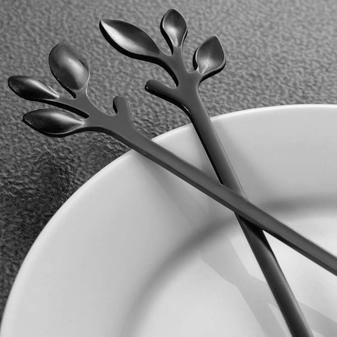 AnSaw Elegant Black Leaf Coffee Spoons - 10-Piece, 4.7" Mini Stainless Steel Espresso & Dessert Tea Spoons, Perfect for Demitasse & Small Servings