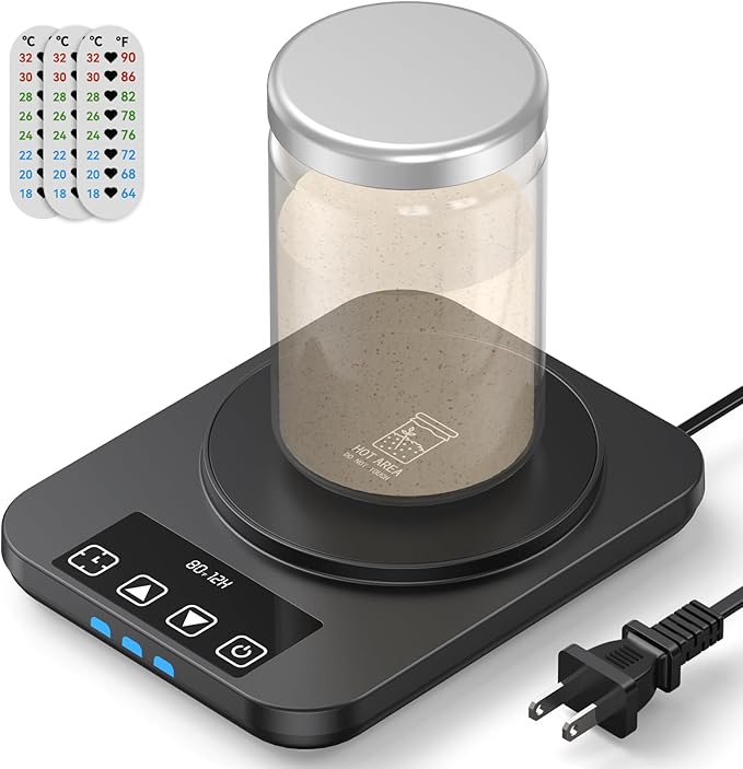 Sourdough Starter Warmer (70-100°F) with Thermometer Strip Sourdough Warming Mat, 12H Timer & Auto On/Off, Safe for Home Bakers & Beginners, Fermentation Heater