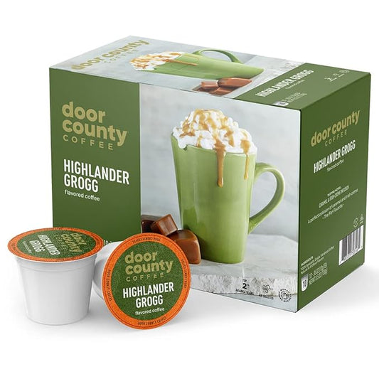 Door County Coffee Highlander Grogg Flavored Ground | 10 Count Single Serve Cups | Medium Roast | 100% Specialty Arabica | Flavored Gourmet | Caramel & Irish Cream