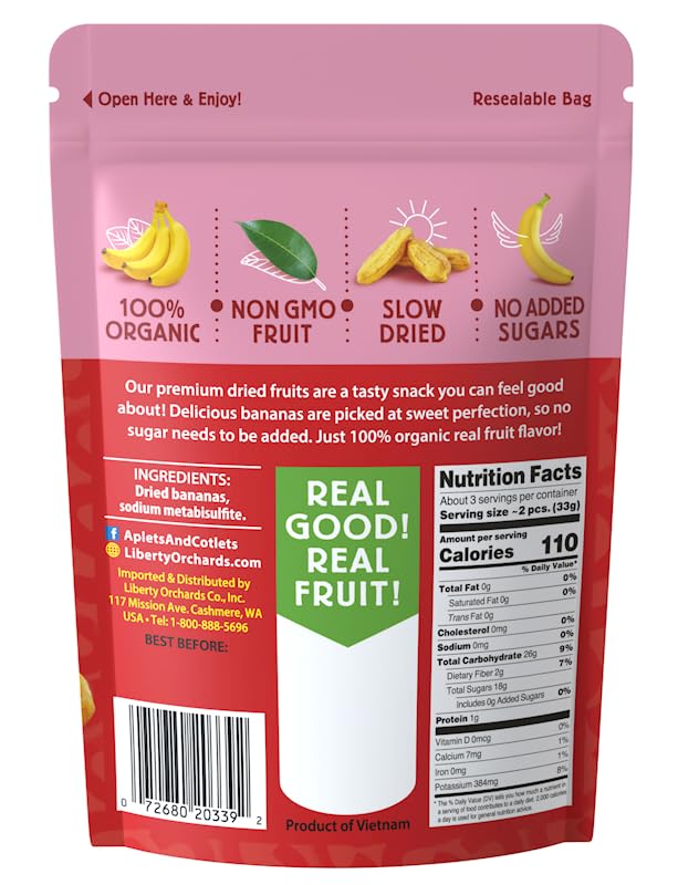 Liberty Orchard Organic Whole Dried Banana - Naturally Sweetened Dried Fruit Snack for Healthy Digestion & Busy Lifestyles - Delicious 6 Fresh Bananas in Each Bag - 5 Pack