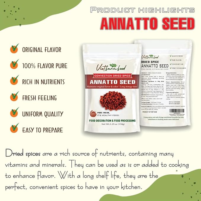 ANNATTO SEED 5.29 Oz (150g) VIETFARMFOOD: Natural pure, convection dried seasoning made from real vegetables - perfect for adding flavor to any meal, from cooking, baking, salads, soups, sauces