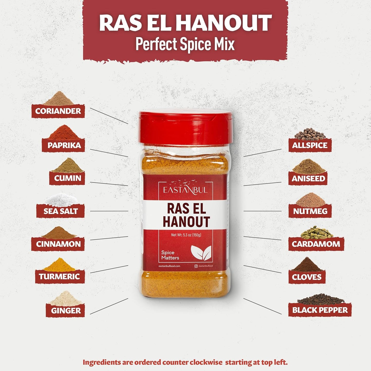 Eastanbul Ras El Hanout Spice, 5.3oz, Meat Seasoning, All-in-One Ras El Hanout Moroccan Spice Blend, North African Baharat Blend, Farm Fresh International Seasonings, Low Sodium, No MSG, No Filler