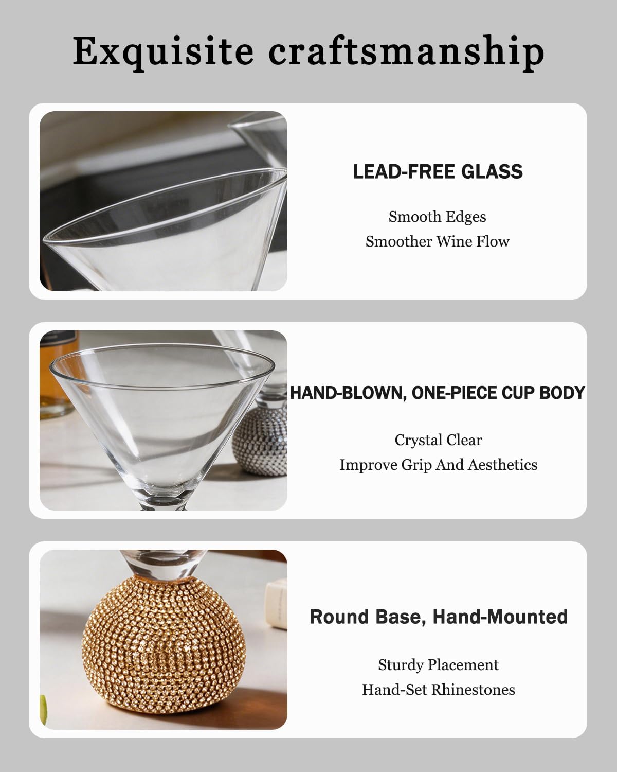 Luxury Stemless Martini Glasses Set of 4, 10 oz Crystal Cocktail Glasses with Gold Rhinestone Ball Base, Elegant Margarita, Cosmopolitan & Dessert Glasses for Parties, Weddings & Home Bar