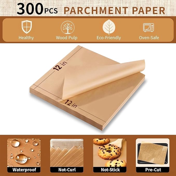 300PCS Parchment Paper Sheets, 12x12 In Non-Stick Precut Baking Parchment, Grease Proof & Non-stick Cookie Sheets for baking, Unbleached Parchment Sheets for Grilling, Air Fryer, Steaming