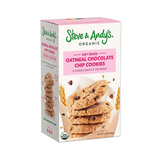 Steve & Andy???Soft Bake Oatmeal Chocolate Chip Cookies -Organic, Gluten Free, Non-Gmo, Vegan, Plant-Base, Dairy Free, Nut Free, Egg Free, Wheat Free, Soy Free ??5.5 Oz, 1 Box (10 Cookies)