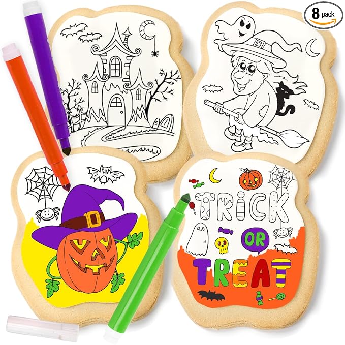 Halloween Cookies Decorating Kit Coloring Gift For Kids Food | 4 Jumbo Cookies + 3 Edible Markers | Individually Wrapped | Pumpkin Ghost Witch Holiday Fall Activities Fun