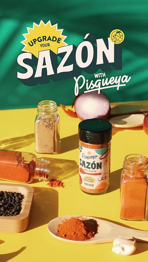 Pisqueya Sazón Seasoning, Made With Achiote. Adds Instant Flavor To Any Dish. Low Sodium, No Sugar, No MSG, Non-GMO, No Preservatives, No Artificial Coloring, No Artificial Flavors, 2.5oz, Pack of 1