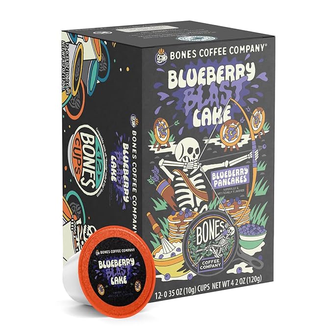 Bones Coffee Company Blueberry Blast Cake, Blueberry Pancake Flavored Coffee Pods, Low Acid Medium Roast Single-Serve Bones Cups, For 1.0 & 2.0 K-Cups Brewers Coffee Maker, 12 Count